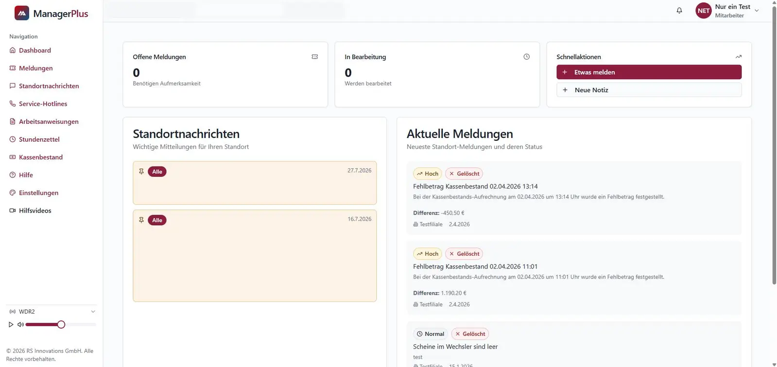 ManagerPlus Dashboard mit Meldungen, Nachrichten und Schnellaktionen