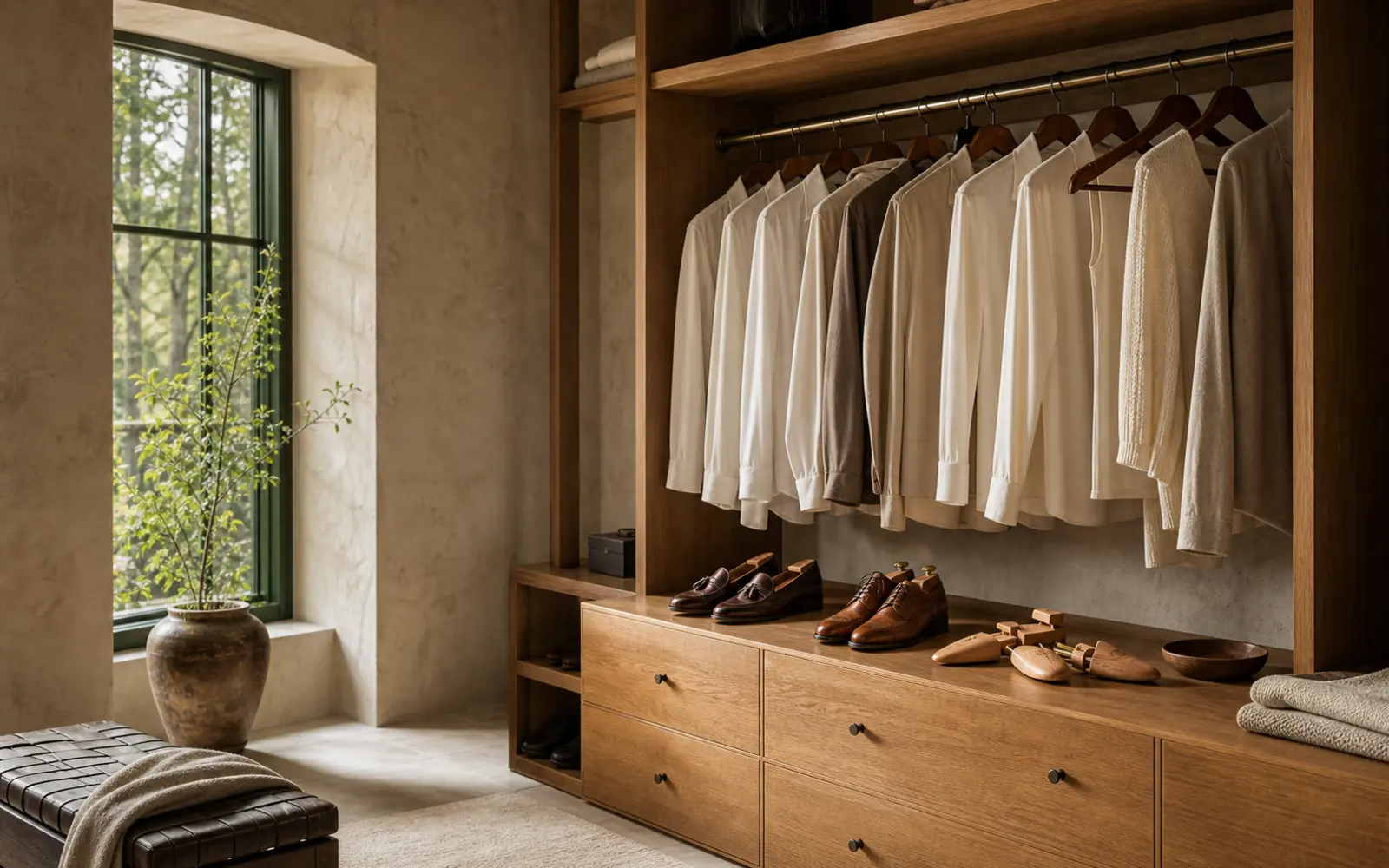 Kleider und Schuhe in einem hochwertigen, holzgeprägten Ankleidezimmer