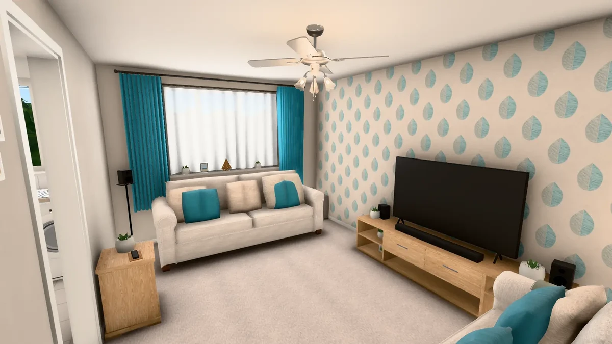 Wohnzimmer im Beispiel-Rundgang von 3D-Roomtour: Sofa, Fernseher und Fenster, im Browser begehbar